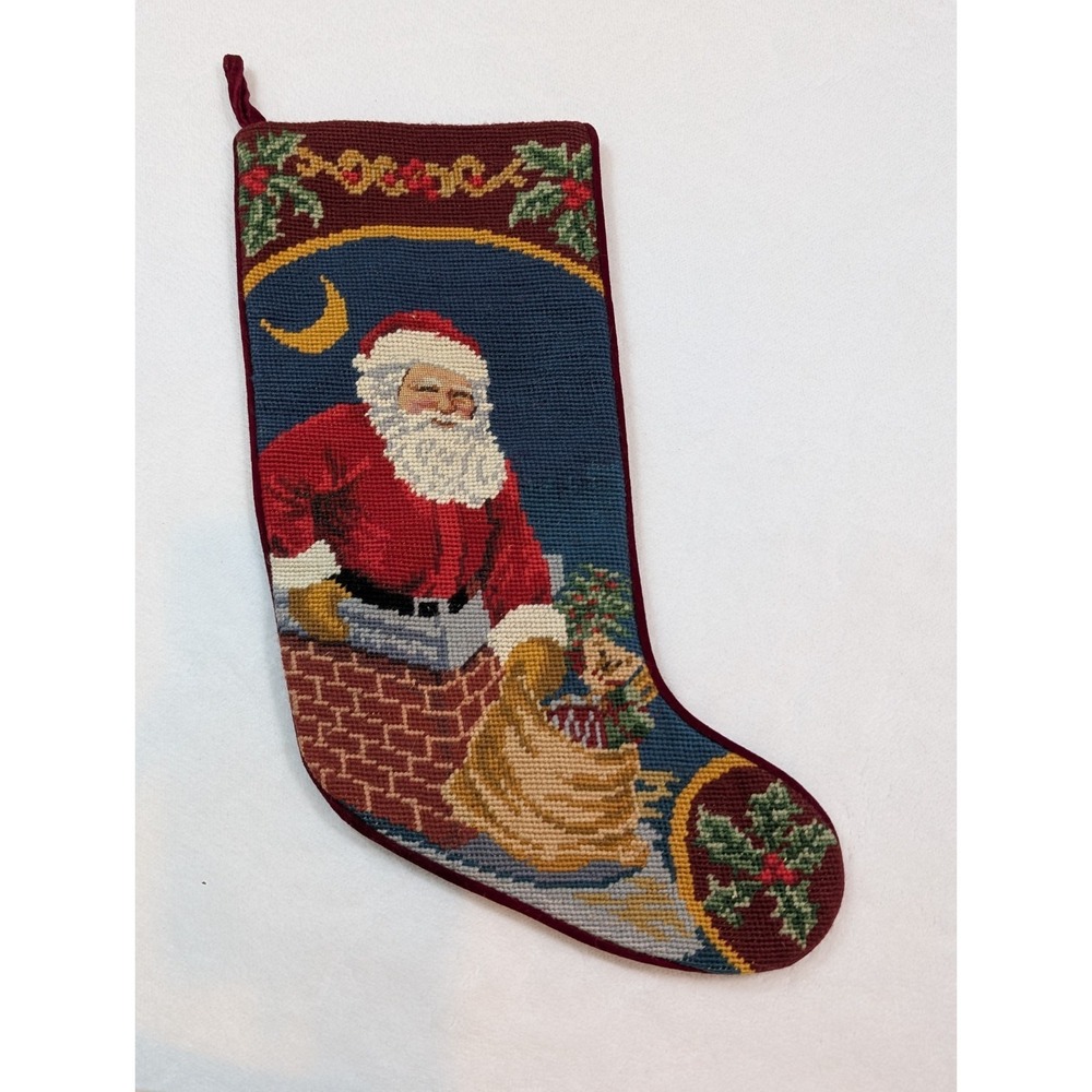 VINTAGE CHRISTMAS NEEDLEPOINT STOCKING SANTA CHIMNEY BAG‎ OF TOYS HOLLY MOON